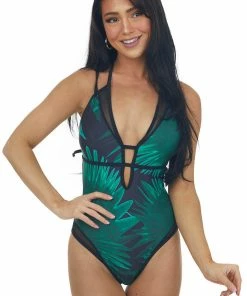 Davi & Dani Black Palm Print Plunging Neckline Strappy Swimsuit Accessories