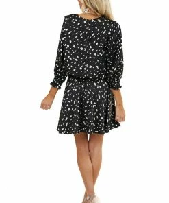 Umgee Black Abstract Print Short Woven Dress With 3/4 Sleeves