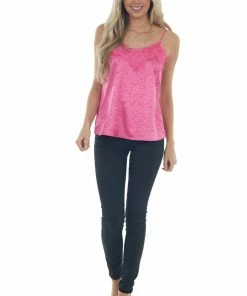 Vine & Love Tops Mulberry Leopard Print Frayed Lace Neckline Camisole Blouse