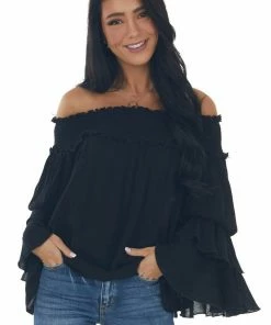 Easel Black Off Shoulder Tiered Ruffle Sleeve Top