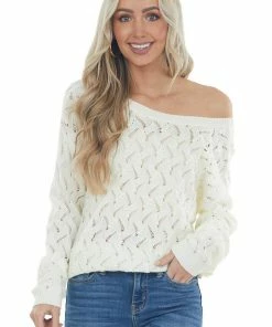 Andree Tops Cream Open Back Pointelle Knit Sweater