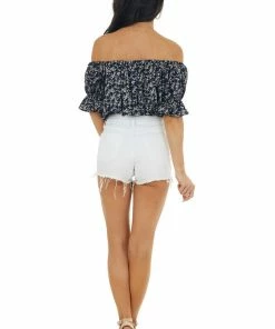 She + Sky Deep Navy Blue Ditsy Floral Off Shoulder Woven Crop Top