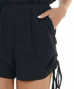 LE LIS Black Ribbed Ruched Strapless Romper