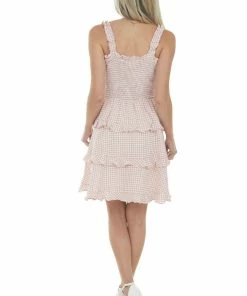 Sweet Lemon Dusty Coral Gingham Smocked Tiered Mini Dress Dresses