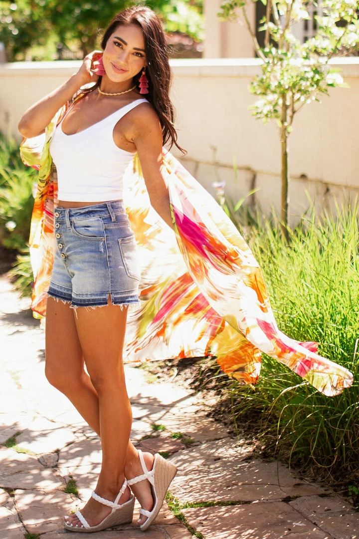 Caramela Tops Neon Orange Abstract Floral Open Front Kimono 18 Caramela Tops Neon Orange Abstract Floral Open Front Kimono