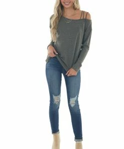 First Love Tops Faded Olive Ribbed Strappy Shoulder Knit Top