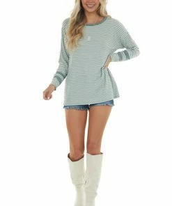 Vanilla Bay Sage Green Striped Print Long Sleeve Knit Top