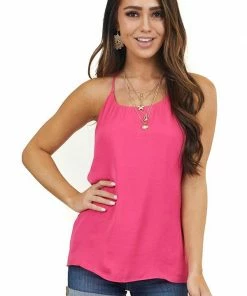 NAKED ZEBRA Tops Dark Pink Spaghetti Strap Flowy Woven Tank Top