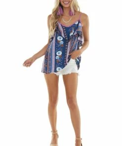 Haptics Catalina Blue Printed V Neck Overlay Tank Top Tops
