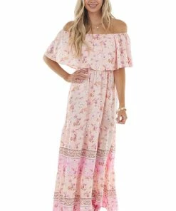 Aakaa Light Peach Floral Print Off Shoulder Woven Maxi Dress Dresses