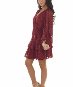 Peach Love Dresses Wine And Gold Metallic Texture Surplice Dress