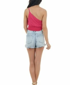 Entro Magenta One Shoulder Knit Crop Top With Smocked Waist