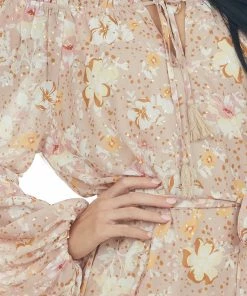 Flying Tomato Nude Floral Print Gold Speck Tiered Maxi Dress