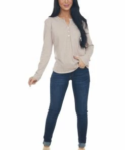 Charlotte Avery Tops Tea Rose Long Sleeve Notch Neck Henley Top