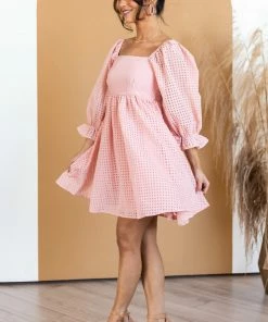 Entro Dresses Peach Sheer Checkered Pattern Short Dress