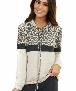 7th Ray Tops Tan Leopard Colorblock Hooded Sweatshirt With Front Pocket