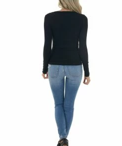 La Miel Black Ribbed Knit Button Cuff Henley Top