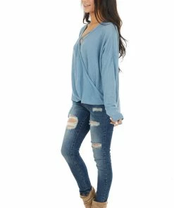 HOPELY Tops Powder Blue Waffle Knit Surplice Top With Criss Cross Detail