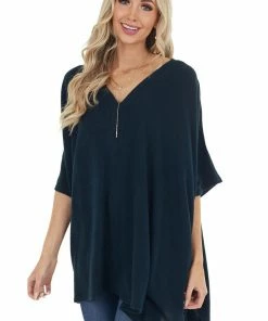 Main Strip Tops Dark Pine Oversized V Neck Poncho With Front Sewing Detail
