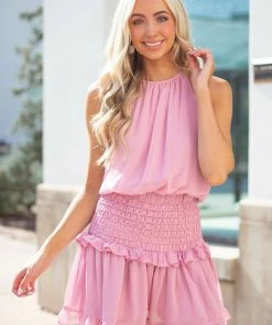 Do + Be Bright Mauve Halter Mini Dress With Smocked Ruffle Detail 17 Do + Be Bright Mauve Halter Mini Dress With Smocked Ruffle Detail