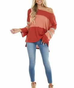 Umgee Rust And Apricot Top With Raw Hem Detail And Side Slits