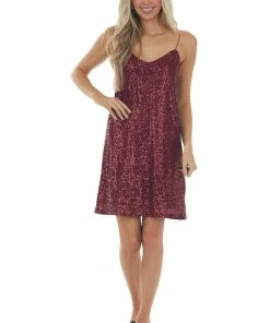 She + Sky Wine Sequined Sleeveless Cami Slip Dress