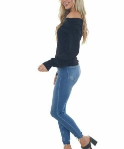 Peach Love Black Folded Off The Shoulder Puff Sleeve Ribbed Knit Top