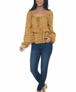 Peach Love Marigold Floral Print Bubble Sleeve Blouse 27 Peach Love Marigold Floral Print Bubble Sleeve Blouse