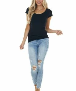 Nikibiki Black Cap Sleeve Stretchy Scoop Neck Tee Tops