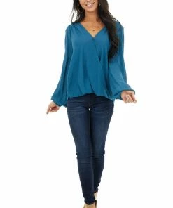 Kori America Tops Dark Teal Surplice Puff Sleeve Blouse With Bubble Hemline
