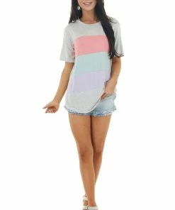 143 Story Heathered Dove Colorblock Knit Top With Short Sleeves Tops