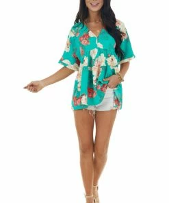 Entro Jade Green Floral Print V Neck Babydoll Top Tops