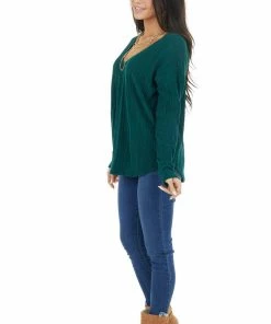 143 Story Dark Pine Long Sleeve Wide Neck Knit Top With Ribbed Detail Tops