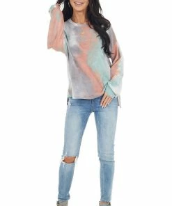 12PM Tops Multicolor Tie Dye Long Sleeve Top With Long Bubble Sleeves