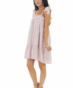 Sweet Lovely Dresses Dusty Blush Striped Sleeveless Tiered Short Woven Dress