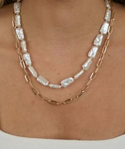 Fame Accessories Gold Paperclip And Pearlescent Beaded Necklace