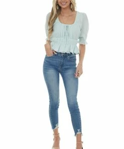 Sweet Lemon Mint Dot Textured Peasant Sleeve Peplum Top