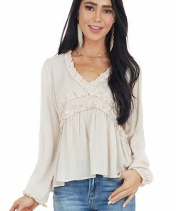 Peach Love Tops Oatmeal Long Puff Sleeve Babydoll Top With Ruffle Detail
