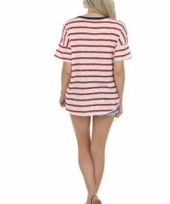 Hailey & Co Cranberry Striped Top With Black Star Contrast Tops