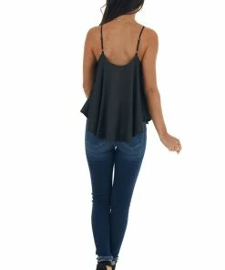 She + Sky Black Satin Flowy Round Neckline Tank Top Tops