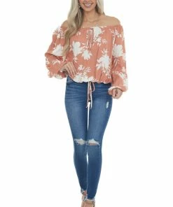 Ces Femme Coral Tropical Floral Print Off Shoulder Top Tops