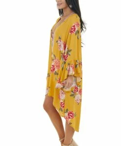 Davi & Dani Mustard Yellow Floral Print Kimono With Flare Sleeves Kimonos