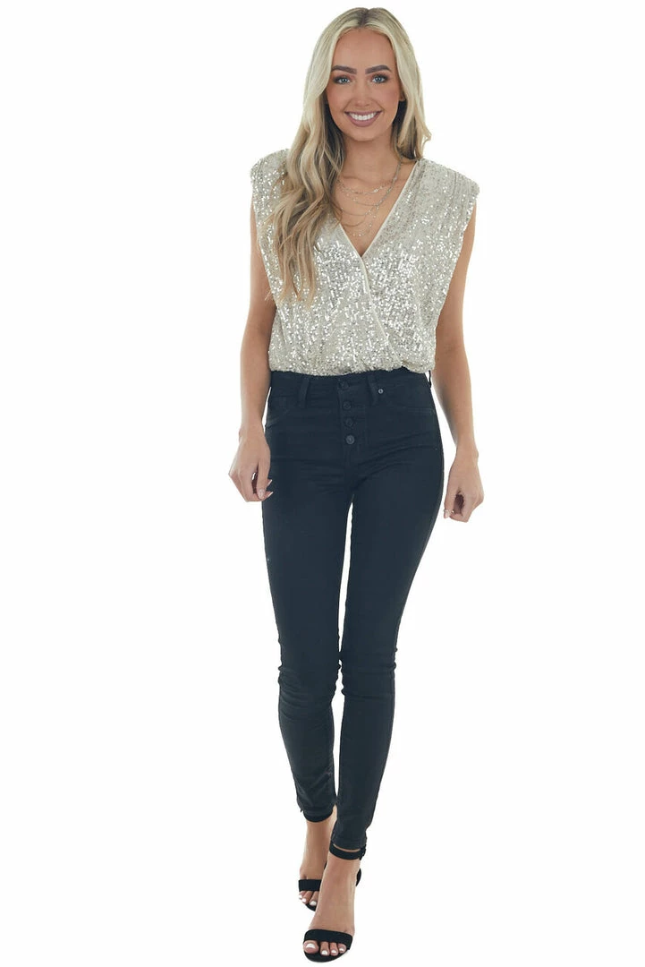 She + Sky Cream Sequined Surplice Shoulder Pad Bodysuit 13 She + Sky Cream Sequined Surplice Shoulder Pad Bodysuit