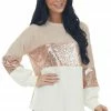 She + Sky Apricot And Ivory Colorblock Sequined Top