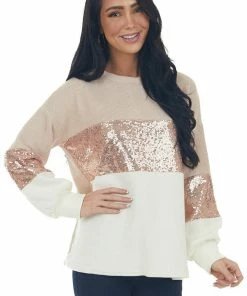 She + Sky Apricot And Ivory Colorblock Sequined Top