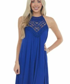 CY Fashion Royal Blue Short Dress With Lace Front And Keyhole Back