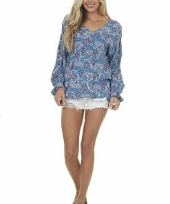 Andree Steel Blue Printed Puff Sleeve Babydoll Blouse Tops