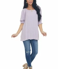 Umgee Lilac Woven Half Bubble Sleeve Top With Frayed Hem Tops