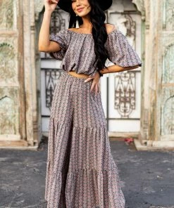 Entro Bottoms Black Ditsy Floral Tiered Woven Wide Leg Pants