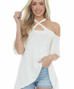 Fantastic Fawn Tops Ivory Flutter Sleeve Cold Shoulder Halter Top